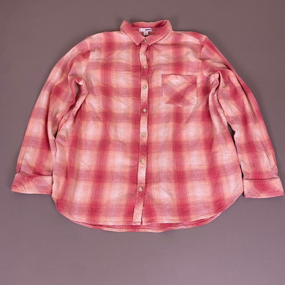 Sonoma Goods For Life Shirt Button Down Women's XL Pink Plaid Long Sleeve Cotton